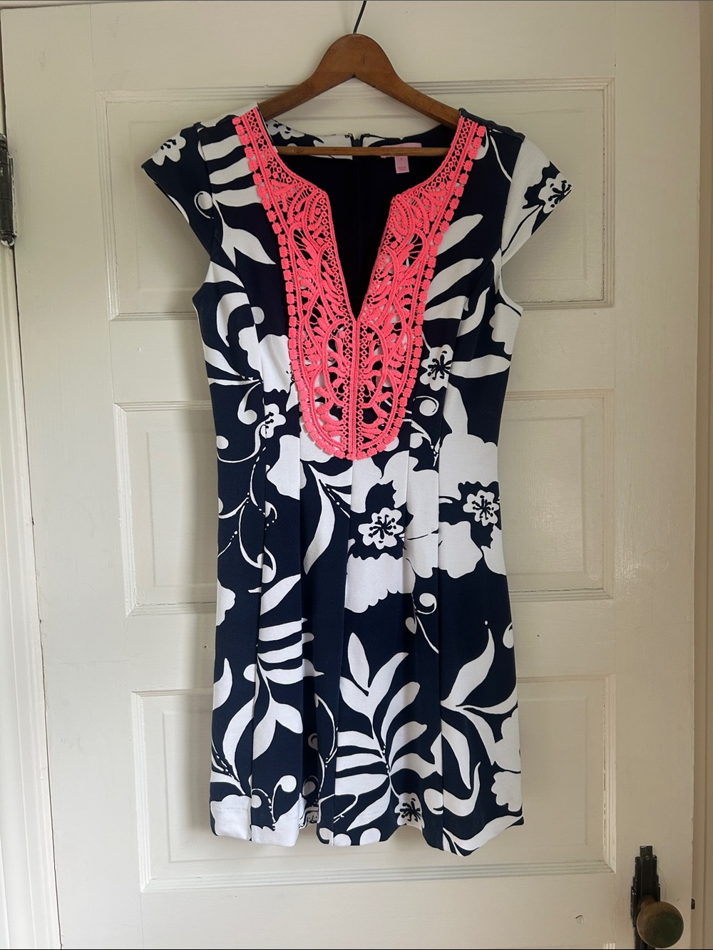 Lilly Pulitzer Navy & White Floral Dress with Coral Pink Crochet Trim